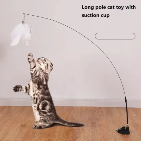 Indoor Cat Teaser Wand Toy – Suction Cup Stick with Bell & Extendable Rod