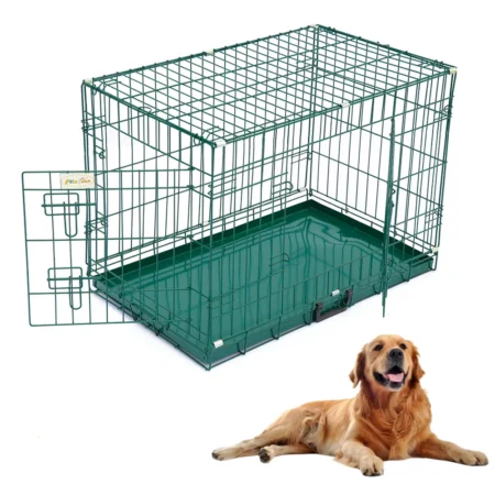 Green Folding Dog Crate with Double Doors & Tray