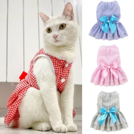 Princess Summer Dress for Cats & Puppies – Striped Plaid with Bow