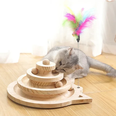Wooden Multi-Level Cat Toy Tower – 2 or 3 Levels with Track & Ball